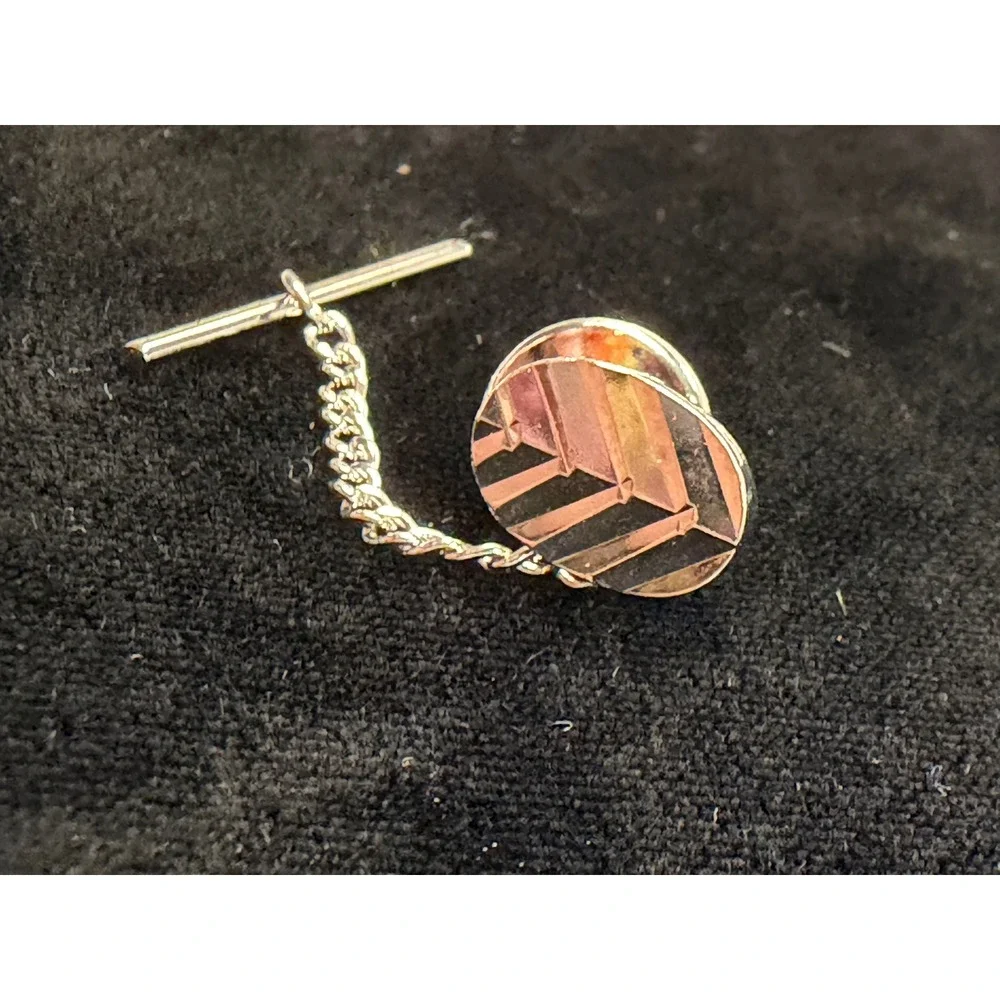 Vintage Silver Tone Chevron Etched Oval Tie Tack with Security Chain T-Bar